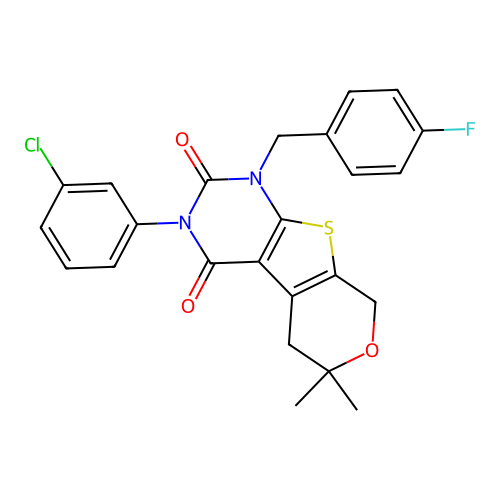 3-(3-chlorophenyl)-1-(4-fluorobenzyl)-6,6-dimethyl-1,5,6,8-tetrahydro-2H-pyrano[4',3':4,5]thieno[2,3-d]pyrimidine-2,4(3H)-dione structure