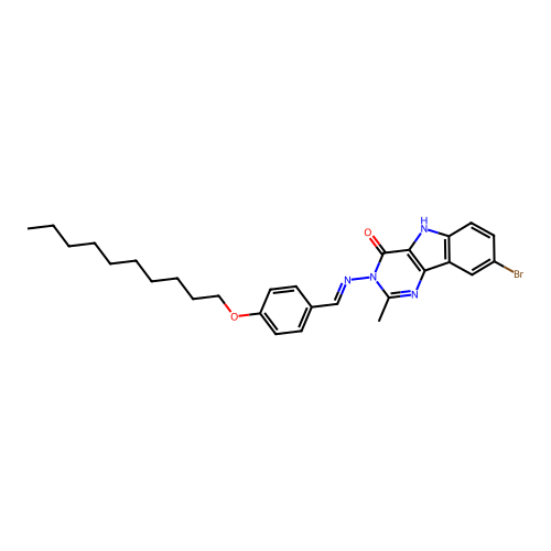 8-bromo-3-[(E)-(4-decoxyphenyl)methylideneamino]-2-methyl-5H-pyrimido[5,4-b]indol-4-one structure