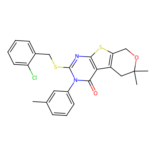 2-((2-chlorobenzyl)thio)-6,6-dimethyl-3-(m-tolyl)-5,6-dihydro-3H-pyrano[4',3':4,5]thieno[2,3-d]pyrimidin-4(8H)-one structure