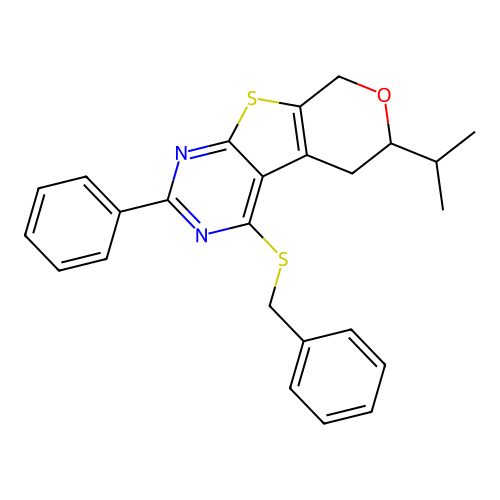 4-(benzylsulfanyl)-2-phenyl-6-(propan-2-yl)-5,8-dihydro-6H-pyrano[4',3':4,5]thieno[2,3-d]pyrimidine structure