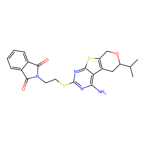 2-(2-((4-amino-6-isopropyl-6,8-dihydro-5H-pyrano[4',3':4,5]thieno[2,3-d]pyrimidin-2-yl)thio)ethyl)isoindoline-1,3-dione structure
