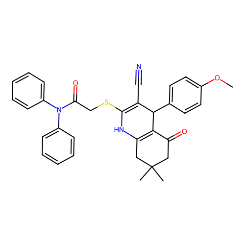 2-((3-cyano-4-(4-methoxyphenyl)-7,7-dimethyl-5-oxo-1,4,5,6,7,8-hexahydroquinolin-2-yl)thio)-N,N-diphenylacetamide structure