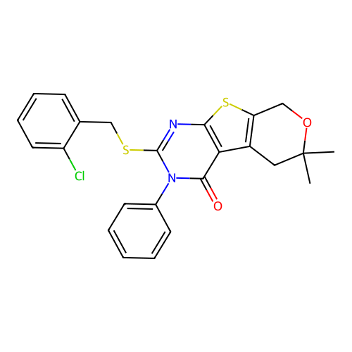 2-[(2-chlorobenzyl)sulfanyl]-6,6-dimethyl-3-phenyl-3,5,6,8-tetrahydro-4H-pyrano[4',3':4,5]thieno[2,3-d]pyrimidin-4-one structure