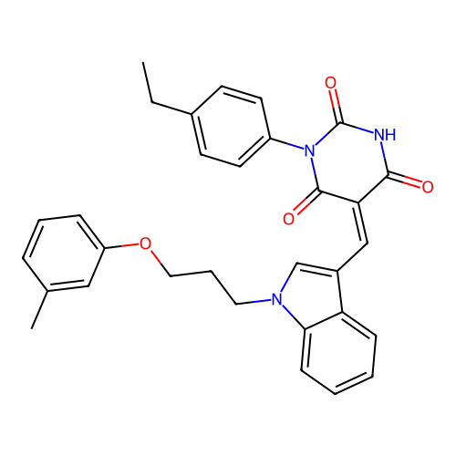 (5Z)-1-(4-ethylphenyl)-5-({1-[3-(3-methylphenoxy)propyl]-1H-indol-3-yl}methylidene)pyrimidine-2,4,6(1H,3H,5H)-trione structure