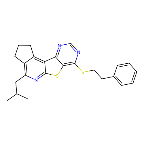 4-(2-methylpropyl)-7-[(2-phenylethyl)sulfanyl]-2,3-dihydro-1H-cyclopenta[4',5']pyrido[3',2':4,5]thieno[3,2-d]pyrimidine structure