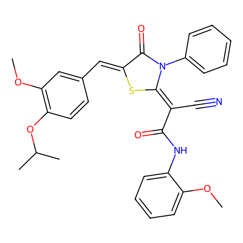 (Z)-2-cyano-2-((Z)-5-(4-isopropoxy-3-methoxybenzylidene)-4-oxo-3-phenylthiazolidin-2-ylidene)-N-(2-methoxyphenyl)acetamide structure