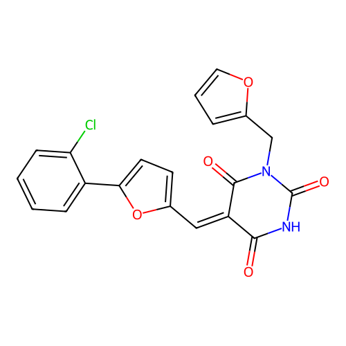(5Z)-5-[[5-(2-chlorophenyl)furan-2-yl]methylidene]-1-(furan-2-ylmethyl)-1,3-diazinane-2,4,6-trione structure