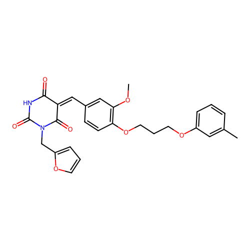 (Z)-1-(furan-2-ylmethyl)-5-(3-methoxy-4-(3-(m-tolyloxy)propoxy)benzylidene)pyrimidine-2,4,6(1H,3H,5H)-trione structure