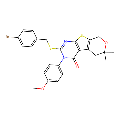 2-((4-bromobenzyl)thio)-3-(4-methoxyphenyl)-6,6-dimethyl-5,6-dihydro-3H-pyrano[4',3':4,5]thieno[2,3-d]pyrimidin-4(8H)-one structure