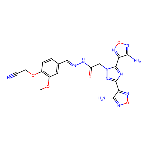 (E)-2-(3,5-bis(4-amino-1,2,5-oxadiazol-3-yl)-1H-1,2,4-triazol-1-yl)-N'-(4-(cyanomethoxy)-3-methoxybenzylidene)acetohydrazide structure
