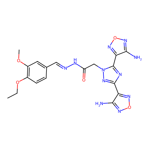 (E)-2-(3,5-bis(4-amino-1,2,5-oxadiazol-3-yl)-1H-1,2,4-triazol-1-yl)-N'-(4-ethoxy-3-methoxybenzylidene)acetohydrazide structure