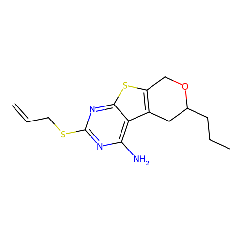 2-(allylthio)-6-propyl-6,8-dihydro-5H-pyrano[4',3':4,5]thieno[2,3-d]pyrimidin-4-amine structure