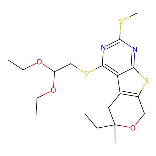 4-((2,2-diethoxyethyl)thio)-6-ethyl-6-methyl-2-(methylthio)-6,8-dihydro-5H-pyrano[4',3':4,5]thieno[2,3-d]pyrimidine structure