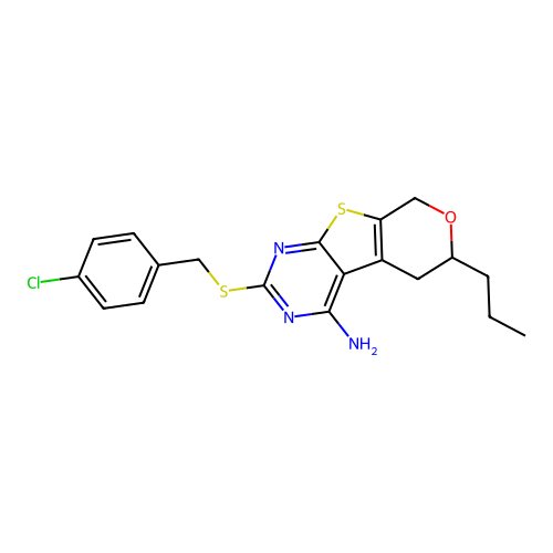 2-((4-chlorobenzyl)thio)-6-propyl-6,8-dihydro-5H-pyrano[4',3':4,5]thieno[2,3-d]pyrimidin-4-amine structure