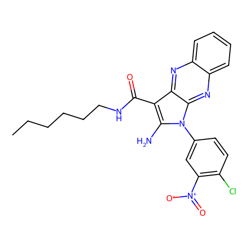 2-amino-1-(4-chloro-3-nitrophenyl)-N-hexyl-1H-pyrrolo[2,3-b]quinoxaline-3-carboxamide structure