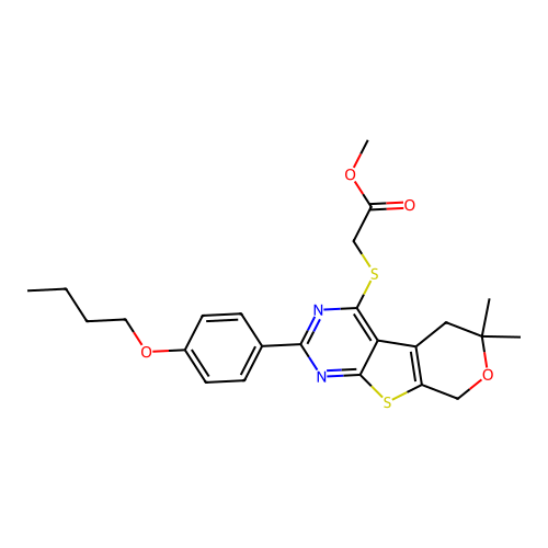 methyl {[2-(4-butoxyphenyl)-6,6-dimethyl-5,8-dihydro-6H-pyrano[4',3':4,5]thieno[2,3-d]pyrimidin-4-yl]sulfanyl}acetate structure
