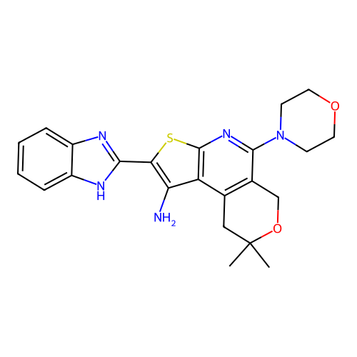 2-(1H-benzimidazol-2-yl)-8,8-dimethyl-5-(morpholin-4-yl)-8,9-dihydro-6H-pyrano[4,3-d]thieno[2,3-b]pyridin-1-amine structure