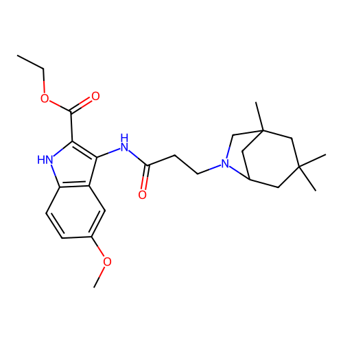 ethyl 5-methoxy-3-(3-((1R,5S)-1,3,3-trimethyl-6-azabicyclo[3.2.1]octan-6-yl)propanamido)-1H-indole-2-carboxylate structure