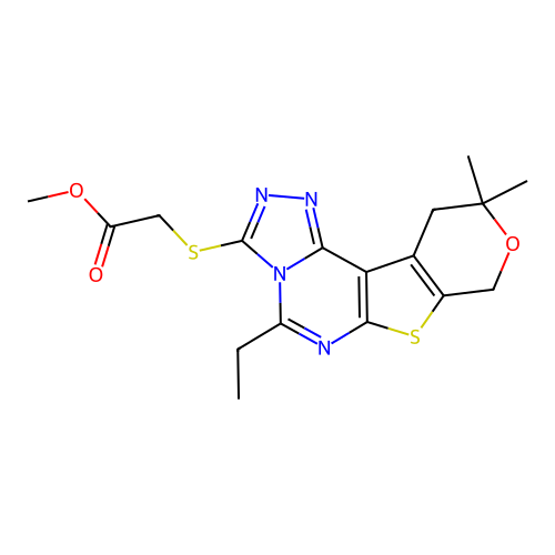 methyl [(5-ethyl-10,10-dimethyl-10,11-dihydro-8H-pyrano[4',3':4,5]thieno[3,2-e][1,2,4]triazolo[4,3-c]pyrimidin-3-yl)sulfanyl]acetate structure