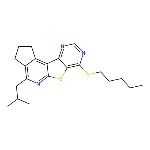4-(2-methylpropyl)-7-(pentylsulfanyl)-2,3-dihydro-1H-cyclopenta[4',5']pyrido[3',2':4,5]thieno[3,2-d]pyrimidine structure