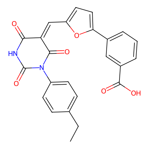 (Z)-3-(5-((1-(4-ethylphenyl)-2,4,6-trioxotetrahydropyrimidin-5(2H)-ylidene)methyl)furan-2-yl)benzoic acid structure
