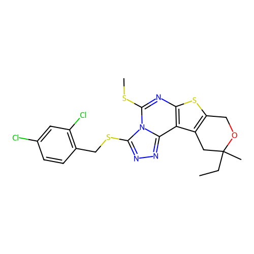 3-((2,4-dichlorobenzyl)thio)-10-ethyl-10-methyl-5-(methylthio)-10,11-dihydro-8H-pyrano[4',3':4,5]thieno[3,2-e][1,2,4]triazolo[4,3-c]pyrimidine structure