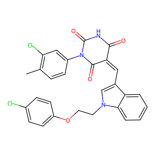 (5Z)-1-(3-chloro-4-methylphenyl)-5-({1-[2-(4-chlorophenoxy)ethyl]-1H-indol-3-yl}methylidene)pyrimidine-2,4,6(1H,3H,5H)-trione structure