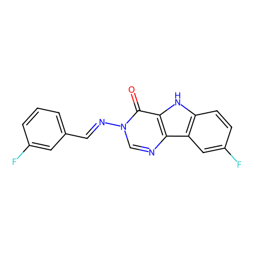 (E)-8-fluoro-3-((3-fluorobenzylidene)amino)-3H-pyrimido[5,4-b]indol-4(5H)-one structure