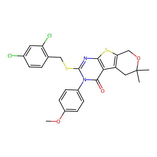 2-((2,4-dichlorobenzyl)thio)-3-(4-methoxyphenyl)-6,6-dimethyl-5,6-dihydro-3H-pyrano[4',3':4,5]thieno[2,3-d]pyrimidin-4(8H)-one structure