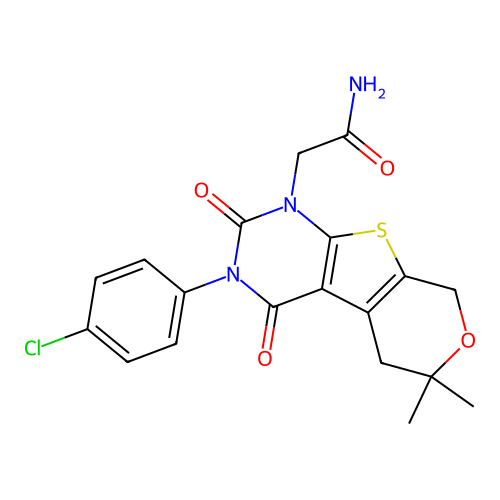 2-[3-(4-chlorophenyl)-6,6-dimethyl-2,4-dioxo-3,4,5,8-tetrahydro-2H-pyrano[4',3':4,5]thieno[2,3-d]pyrimidin-1(6H)-yl]acetamide structure
