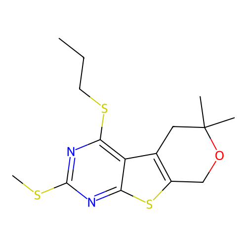6,6-dimethyl-2-(methylsulfanyl)-4-(propylsulfanyl)-5,8-dihydro-6H-pyrano[4',3':4,5]thieno[2,3-d]pyrimidine structure
