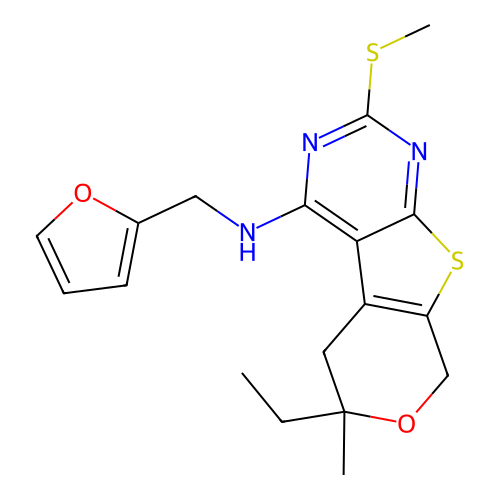 6-ethyl-N-(furan-2-ylmethyl)-6-methyl-2-(methylsulfanyl)-5,8-dihydro-6H-pyrano[4',3':4,5]thieno[2,3-d]pyrimidin-4-amine structure