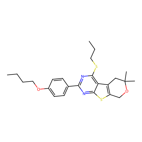 2-(4-butoxyphenyl)-6,6-dimethyl-4-(propylsulfanyl)-5,8-dihydro-6H-pyrano[4',3':4,5]thieno[2,3-d]pyrimidine structure