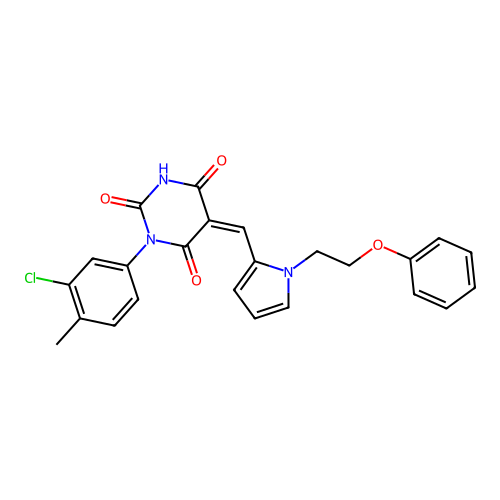 (5Z)-1-(3-chloro-4-methylphenyl)-5-[[1-(2-phenoxyethyl)pyrrol-2-yl]methylidene]-1,3-diazinane-2,4,6-trione structure