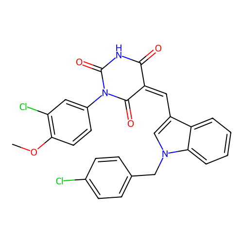 (5Z)-1-(3-chloro-4-methoxyphenyl)-5-[[1-[(4-chlorophenyl)methyl]indol-3-yl]methylidene]-1,3-diazinane-2,4,6-trione structure