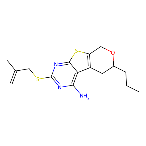 2-((2-methylallyl)thio)-6-propyl-6,8-dihydro-5H-pyrano[4',3':4,5]thieno[2,3-d]pyrimidin-4-amine structure