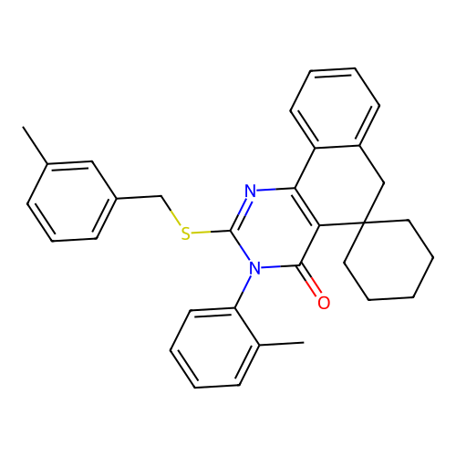 2-((3-methylbenzyl)thio)-3-(o-tolyl)-3H-spiro[benzo[h]quinazoline-5,1'-cyclohexan]-4(6H)-one structure