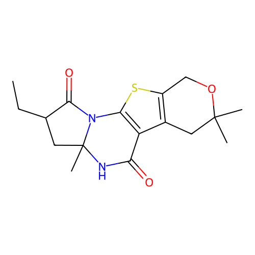 2-ethyl-3a,7,7-trimethyl-2,3,3a,4,6,9-hexahydro-7H-pyrano[4',3':4,5]thieno[3,2-e]pyrrolo[1,2-a]pyrimidine-1,5-dione structure