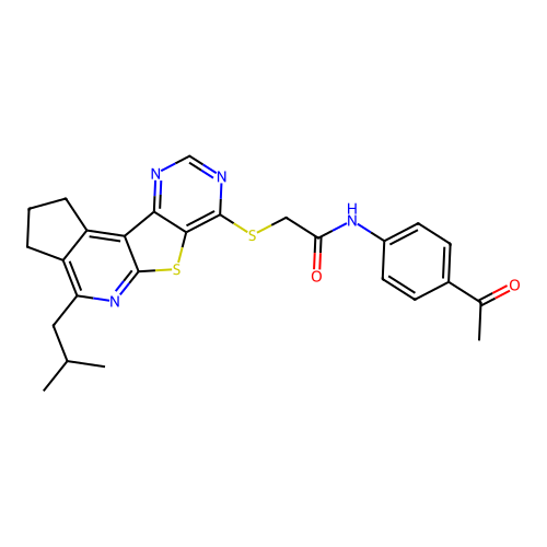 N-(4-acetylphenyl)-2-((4-isobutyl-2,3-dihydro-1H-cyclopenta[4',5']pyrido[3',2':4,5]thieno[3,2-d]pyrimidin-7-yl)thio)acetamide structure