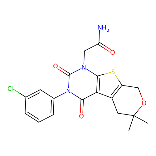 2-[3-(3-chlorophenyl)-6,6-dimethyl-2,4-dioxo-3,4,5,8-tetrahydro-2H-pyrano[4',3':4,5]thieno[2,3-d]pyrimidin-1(6H)-yl]acetamide structure