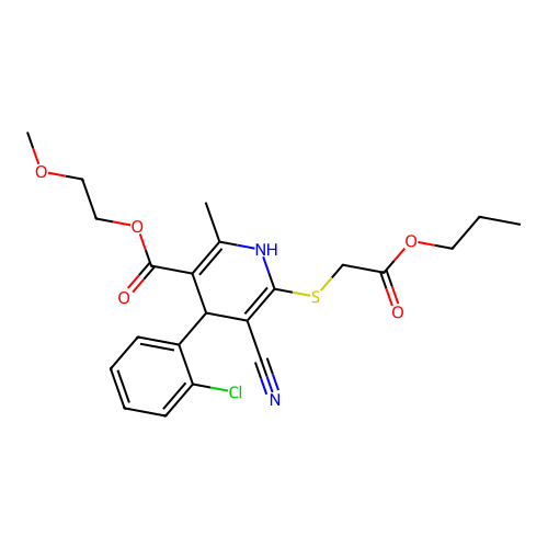 2-methoxyethyl 4-(2-chlorophenyl)-5-cyano-2-methyl-6-((2-oxo-2-propoxyethyl)thio)-1,4-dihydropyridine-3-carboxylate structure