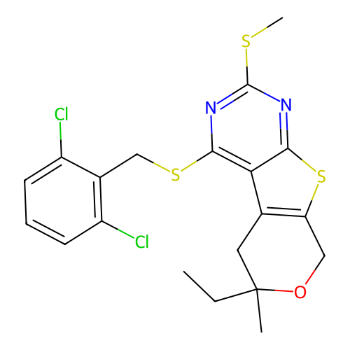 4-((2,6-dichlorobenzyl)thio)-6-ethyl-6-methyl-2-(methylthio)-6,8-dihydro-5H-pyrano[4',3':4,5]thieno[2,3-d]pyrimidine structure