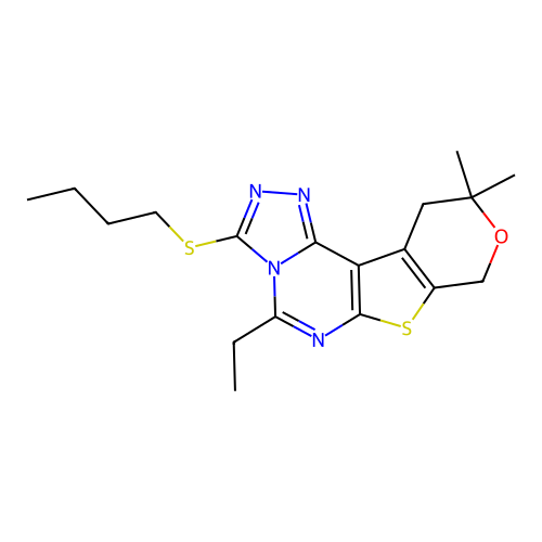 3-(butylsulfanyl)-5-ethyl-10,10-dimethyl-10,11-dihydro-8H-pyrano[4',3':4,5]thieno[3,2-e][1,2,4]triazolo[4,3-c]pyrimidine structure