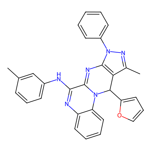 11-(furan-2-yl)-10-methyl-8-phenyl-N-(m-tolyl)-8,11-dihydropyrazolo[3',4':4,5]pyrimido[1,2-a]quinoxalin-6-amine structure