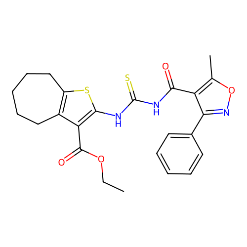 ethyl 2-({[(5-methyl-3-phenyl-1,2-oxazol-4-yl)carbonyl]carbamothioyl}amino)-5,6,7,8-tetrahydro-4H-cyclohepta[b]thiophene-3-carboxylate structure