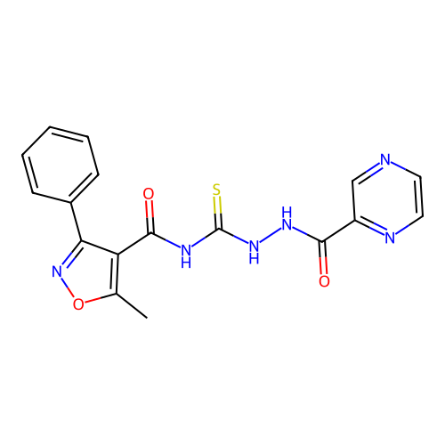 5-methyl-3-phenyl-N-(2-(pyrazine-2-carbonyl)hydrazinecarbonothioyl)isoxazole-4-carboxamide structure