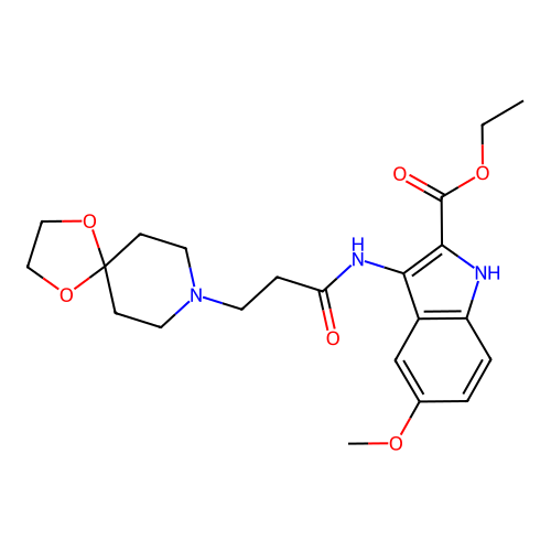 Ethyl 3-[3-(1,4-dioxa-8-azaspiro[4.5]decan-8-yl)propanoylamino]-5-methoxy-1H-indole-2-carboxylate structure