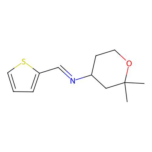 2,2-dimethyl-N-[(E)-thiophen-2-ylmethylidene]tetrahydro-2H-pyran-4-amine structure