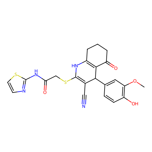 2-((3-cyano-4-(4-hydroxy-3-methoxyphenyl)-5-oxo-1,4,5,6,7,8-hexahydroquinolin-2-yl)thio)-N-(thiazol-2-yl)acetamide structure