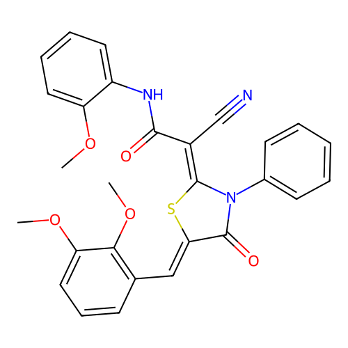 (Z)-2-cyano-2-((Z)-5-(2,3-dimethoxybenzylidene)-4-oxo-3-phenylthiazolidin-2-ylidene)-N-(2-methoxyphenyl)acetamide structure